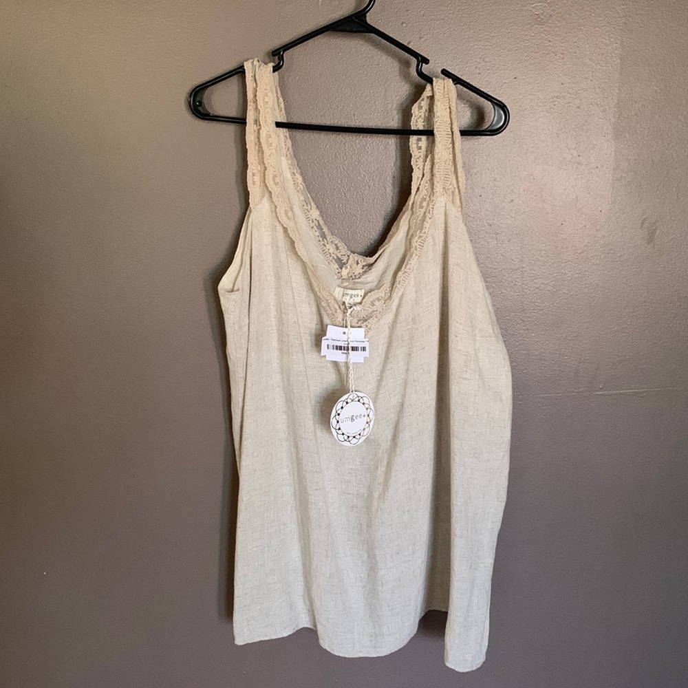 Oatmeal colored linen and lace tank